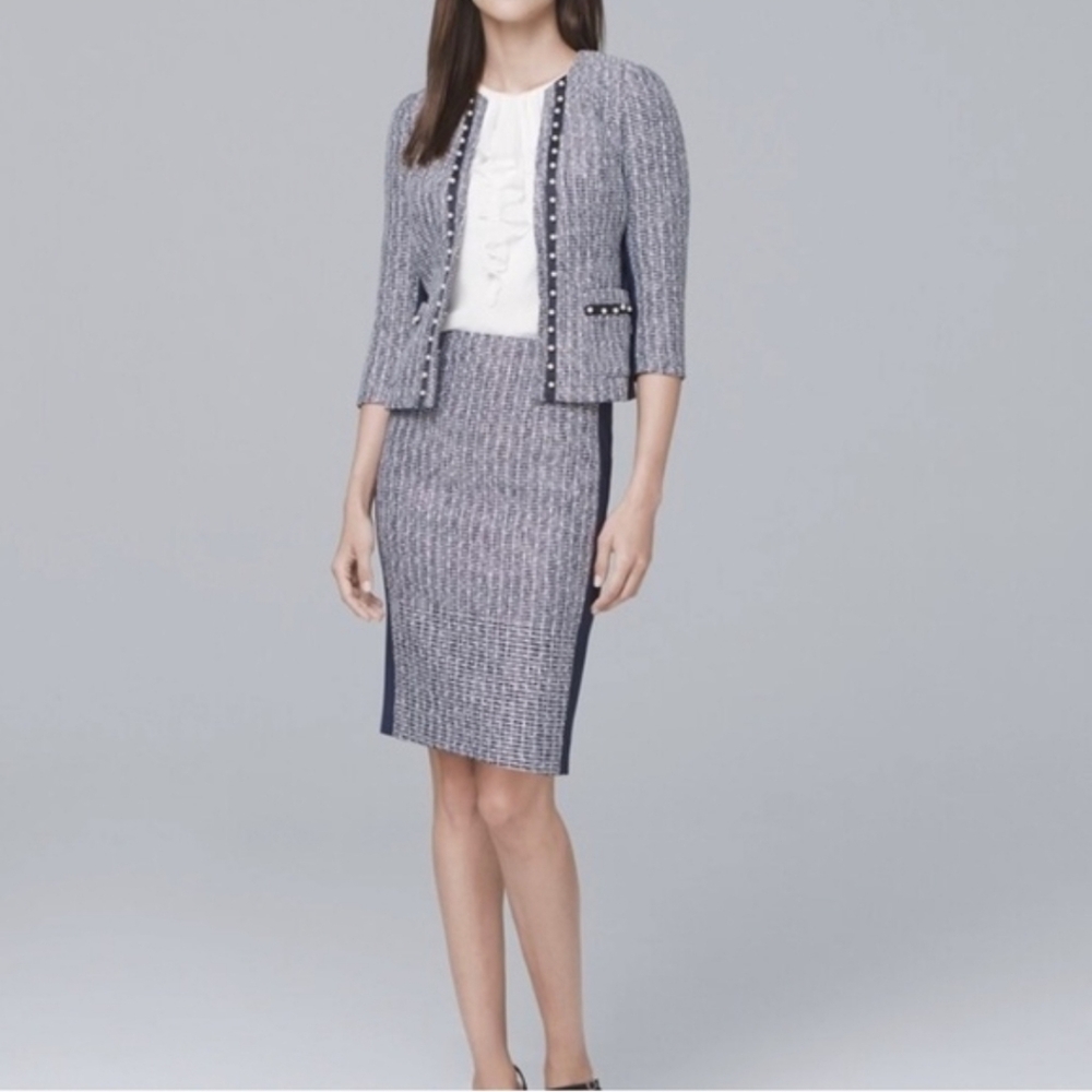 White House Black Market Navy White Tweed Skirt Set Suit Sz 6 Pearl Accent
